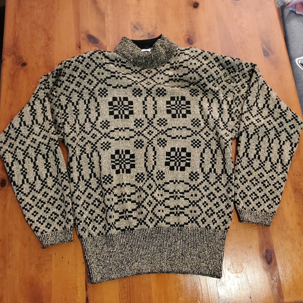 Vintage Pierre Cardin Turtleneck Sweater Size Medium Metallic Gold and Black